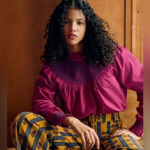 NEW! Sezane Berta Blouse - Sézane x MDLO - Burgundy Smocked Embroidered Size 4